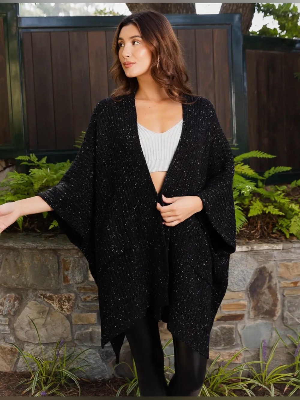 Black and White Confetti Cozy Chunky Robbed Knit Pocket Women’s Sweater Ruana